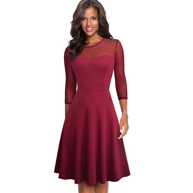 Nice-forever Elegant Sexy Mesh Lace Patchwork vestidos Business Party Swing Flare Women Autumn Dress A170