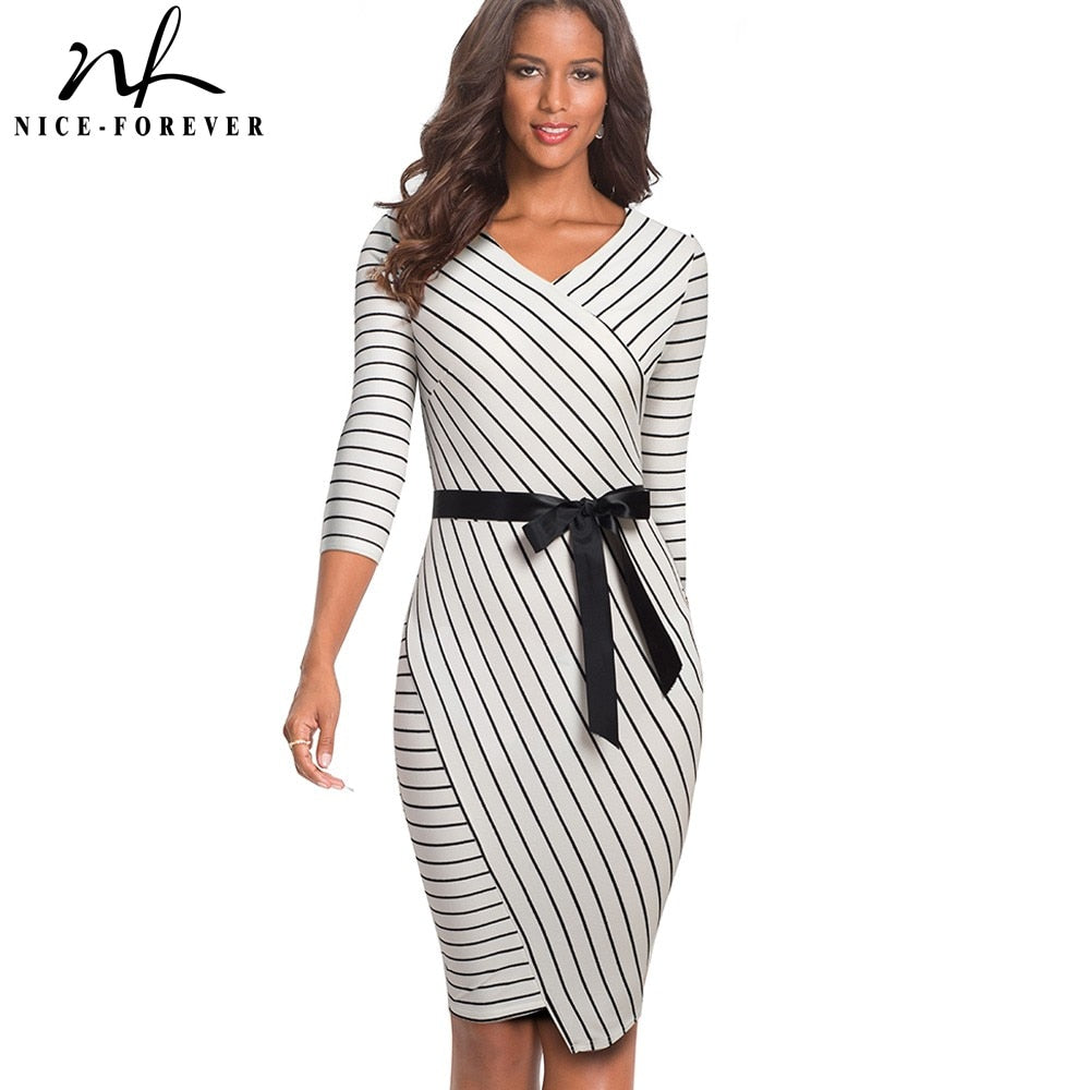 Nice forever Elegant V neck Striped Dress Office Business Party Bodycon Autumn Women Dress B548