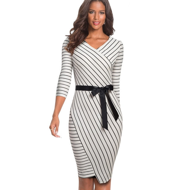 Nice forever Elegant V neck Striped Dress Office Business Party Bodycon Autumn Women Dress B548