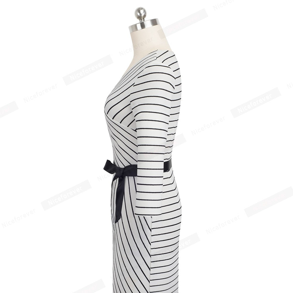 Nice forever Elegant V neck Striped Dress Office Business Party Bodycon Autumn Women Dress B548