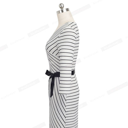 Nice forever Elegant V neck Striped Dress Office Business Party Bodycon Autumn Women Dress B548