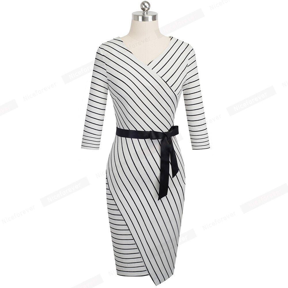 Nice forever Elegant V neck Striped Dress Office Business Party Bodycon Autumn Women Dress B548