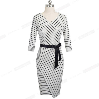 Nice forever Elegant V neck Striped Dress Office Business Party Bodycon Autumn Women Dress B548