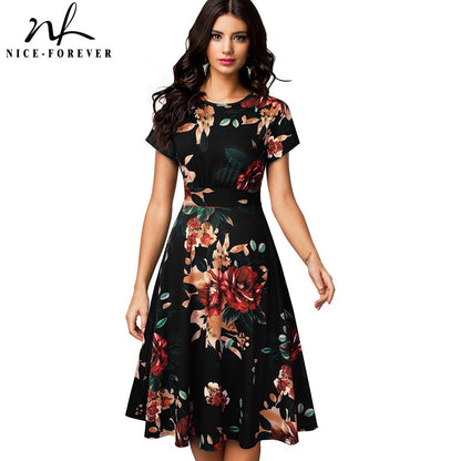 Nice-forever Vintage Elegant Floral Print Pleated Round Neck Dress A-Line Pinup Business Party Women Flare Swing Dress A102