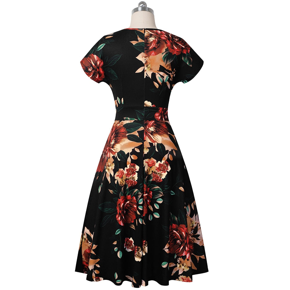 Nice-forever Vintage Elegant Floral Print Pleated Round Neck Dress A-Line Pinup Business Party Women Flare Swing Dress A102