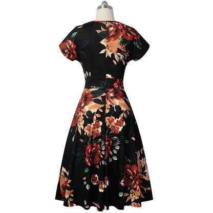Nice-forever Vintage Elegant Floral Print Pleated Round Neck Dress A-Line Pinup Business Party Women Flare Swing Dress A102