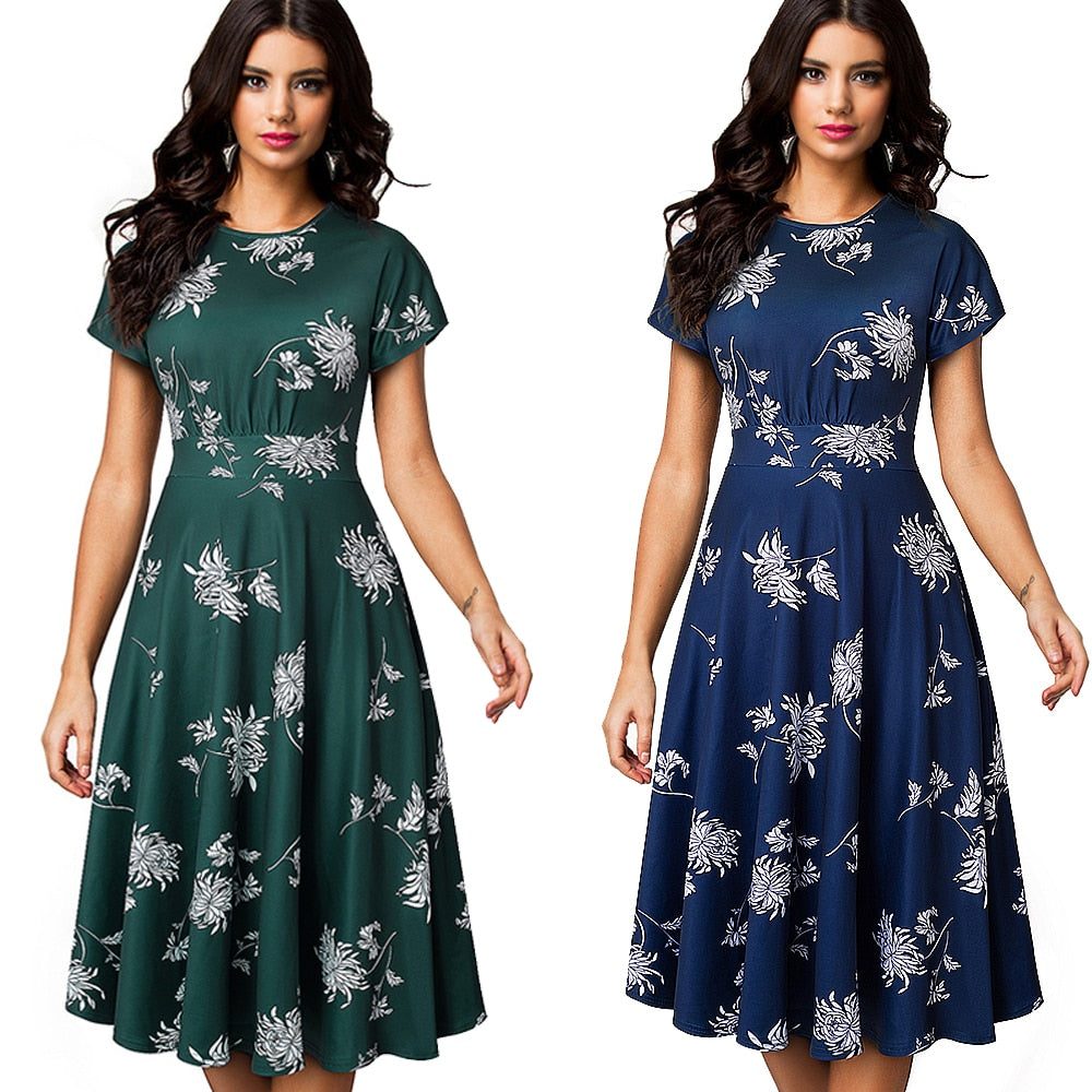 Nice-forever Vintage Elegant Floral Print Pleated Round Neck Dress A-Line Pinup Business Party Women Flare Swing Dress A102