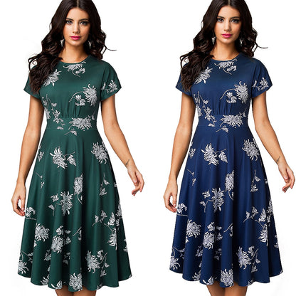 Nice-forever Vintage Elegant Floral Print Pleated Round Neck Dress A-Line Pinup Business Party Women Flare Swing Dress A102
