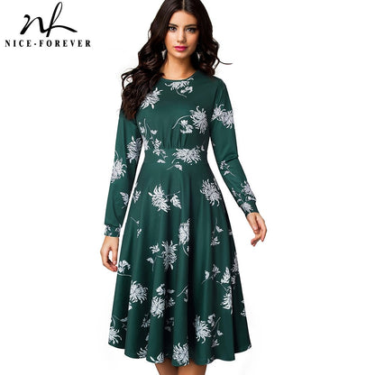 Nice-forever Vintage Elegant Floral Print Pleated Round Neck Dress A-Line Pinup Business Party Women Flare Swing Dress A102