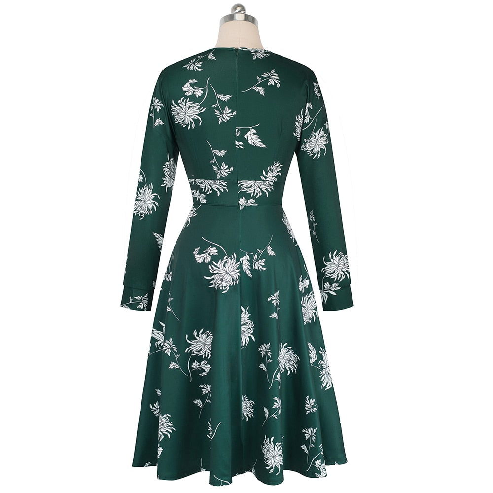 Nice-forever Vintage Elegant Floral Print Pleated Round Neck Dress A-Line Pinup Business Party Women Flare Swing Dress A102