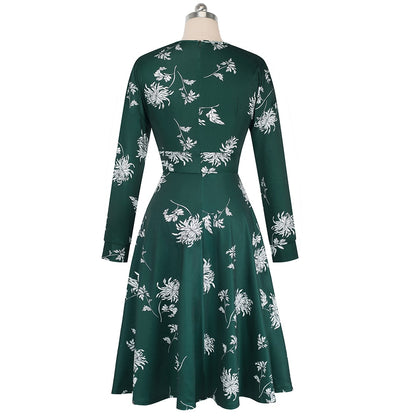 Nice-forever Vintage Elegant Floral Print Pleated Round Neck Dress A-Line Pinup Business Party Women Flare Swing Dress A102