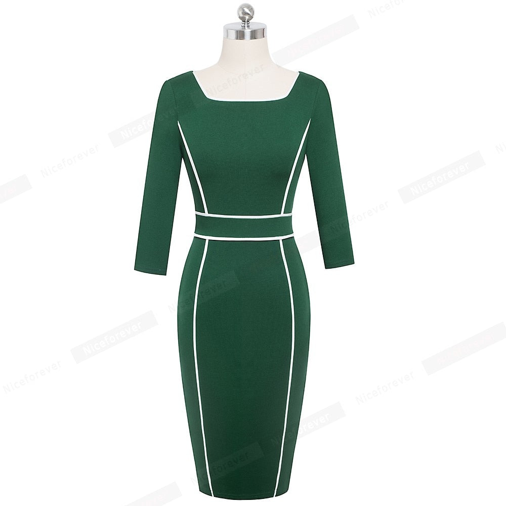 Nice forever Vintage Elegant Patchwork Office Dress Business Party Bodycon Women Pencil Dress B551