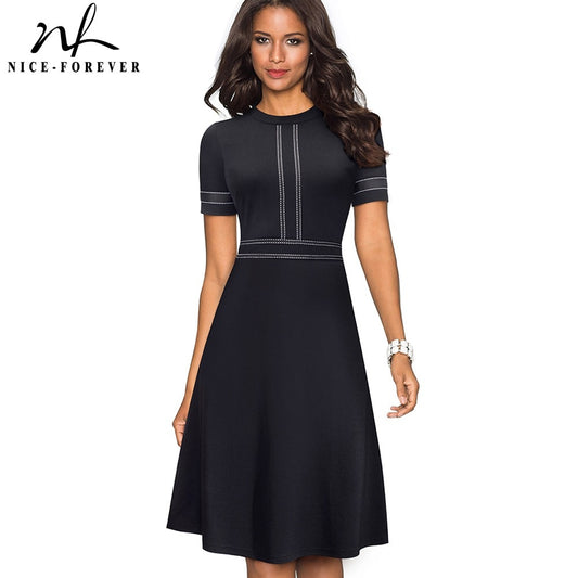 Nice-forever Vintage Retro Lace Patchwork O Neck Female vestidos Business Office Party Flare A-Line Women Dress A140