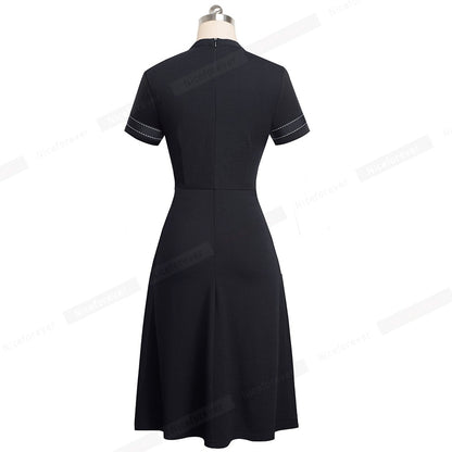 Nice-forever Vintage Retro Lace Patchwork O Neck Female vestidos Business Office Party Flare A-Line Women Dress A140