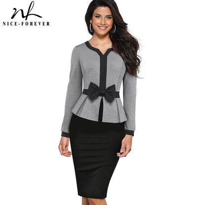 Nice-forever Elegant Contrast Color Patchwork Office Bow Dress with Long Sleeve Business Bodycon Women Dress B554