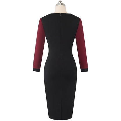 Nice-forever Elegant Contrast Color Patchwork Office Bow Dress with Long Sleeve Business Bodycon Women Dress B554