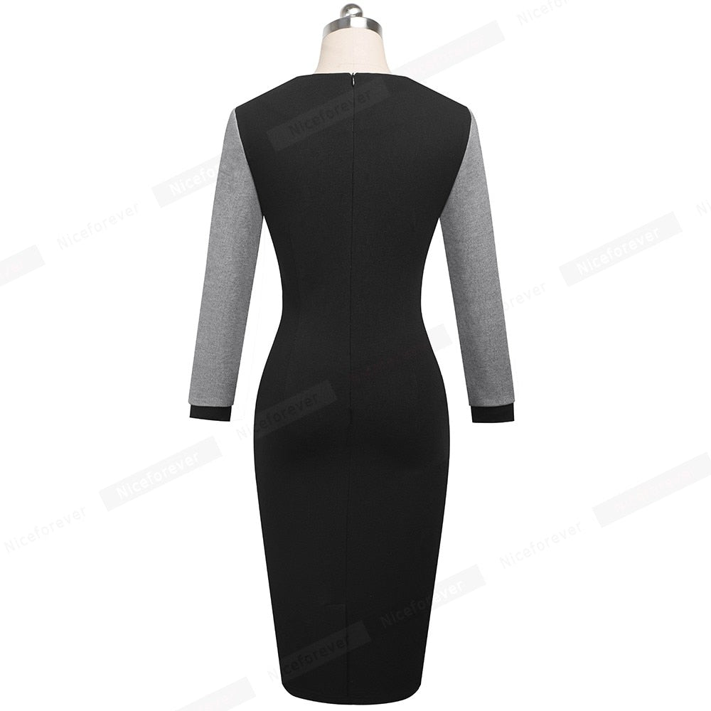 Nice-forever Elegant Contrast Color Patchwork Office Bow Dress with Long Sleeve Business Bodycon Women Dress B554