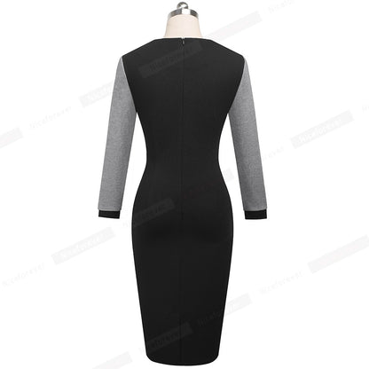 Nice-forever Elegant Contrast Color Patchwork Office Bow Dress with Long Sleeve Business Bodycon Women Dress B554