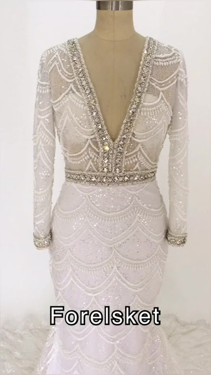 White Bridal Gown Deep V-Neck Custom Lace Mermaid Wedding Dresses 2020 Long Sleeve bride dress платье свадебное vestido de noiva