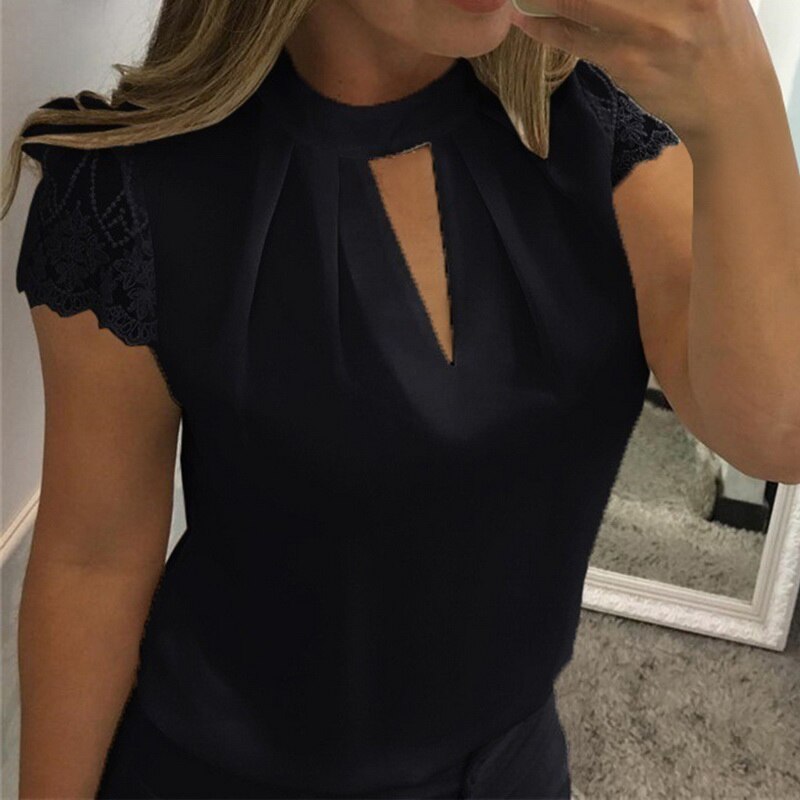 OEAK 2020 Women Sexy Blouses Summer Casual Hollow Chiffon Short Sleeve Splice Lace Top Blouses Shirts Blusas Mujer Plus Size 3XL