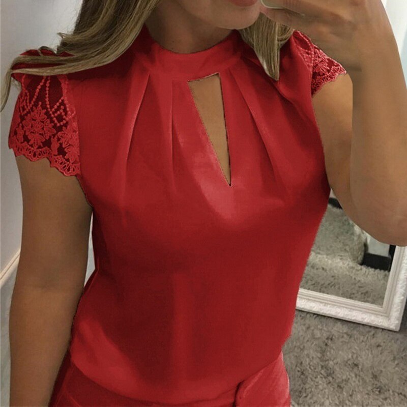 OEAK 2020 Women Sexy Blouses Summer Casual Hollow Chiffon Short Sleeve Splice Lace Top Blouses Shirts Blusas Mujer Plus Size 3XL