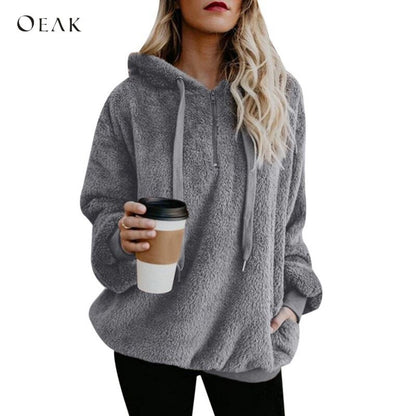 OEAK Women Fleece Hoodies 2020 Long Sleeve Hooded Pullover Sweater Autumn Winter Warm Zipper Pocket Fur Coat Hoodie Plus Size 5XL