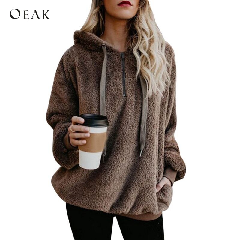 OEAK Women Fleece Hoodies 2020 Long Sleeve Hooded Pullover Sweater Autumn Winter Warm Zipper Pocket Fur Coat Hoodie Plus Size 5XL