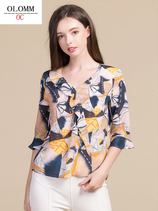 OLOMM Summer 2020 new Loose ruffled short sleeve t-shirt Women's T-shirt Elasticity printing BSY8043