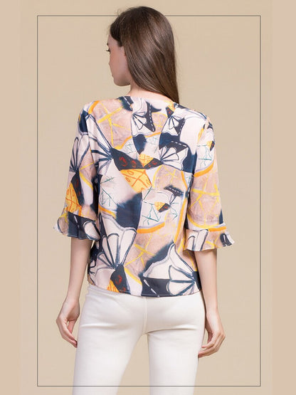 OLOMM Summer 2020 new Loose ruffled short sleeve t-shirt Women's T-shirt Elasticity printing BSY8043