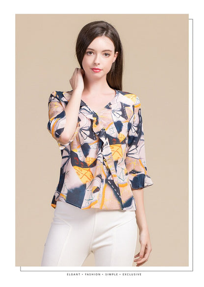 OLOMM Summer 2020 new Loose ruffled short sleeve t-shirt Women's T-shirt Elasticity printing BSY8043