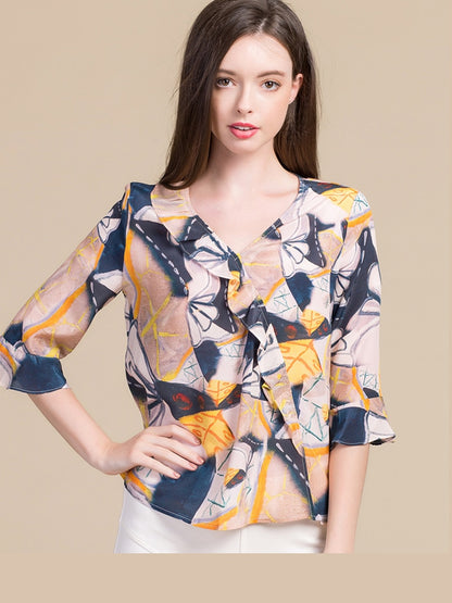 OLOMM Summer 2020 new Loose ruffled short sleeve t-shirt Women's T-shirt Elasticity printing BSY8043