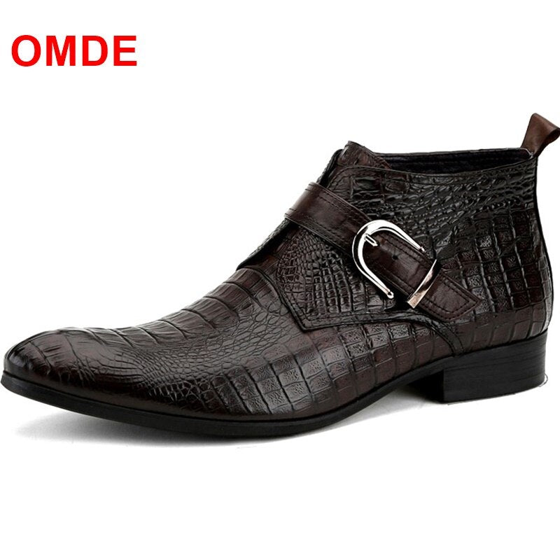 OMDE New Alligator Pattern Genuine Leather Men Dress Formal Shoes Business Cow Leather Men's Ankle Boots Straps Wedding Shoes