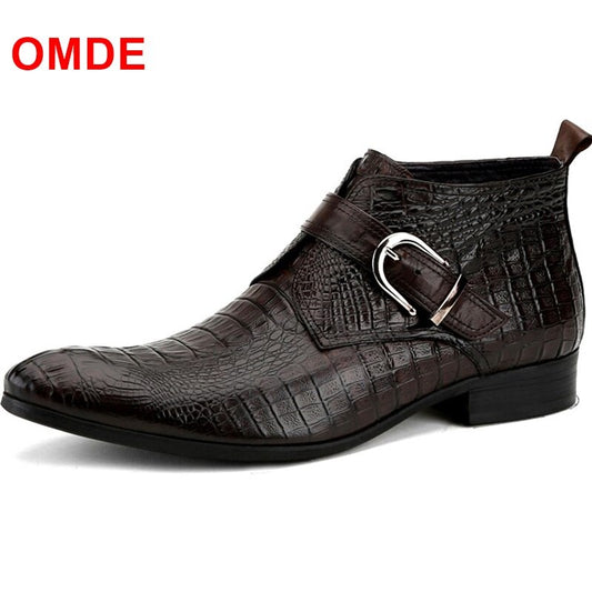OMDE New Alligator Pattern Genuine Leather Men Dress Formal Shoes Business Cow Leather Men's Ankle Boots Straps Wedding Shoes