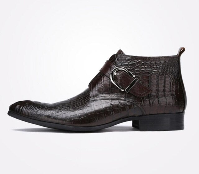 OMDE New Alligator Pattern Genuine Leather Men Dress Formal Shoes Business Cow Leather Men's Ankle Boots Straps Wedding Shoes