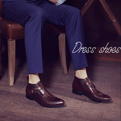 OMDE New Alligator Pattern Genuine Leather Men Dress Formal Shoes Business Cow Leather Men's Ankle Boots Straps Wedding Shoes