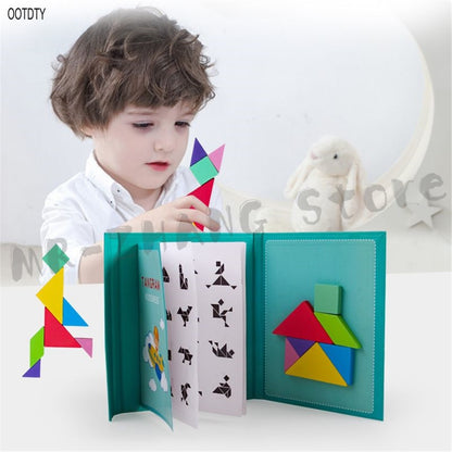 OOTDTY 96 Puzzles Magnetic Tangram Kids Toys Montessori Educational Magic Book Suit parents family Environmental Assemble Games
