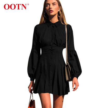 OOTN Lantern Sleeve Black Tunic Shirt Dress Women Long Sleeve Pleated A Line Dress Elegant Fashion Female Mini Party Dresses