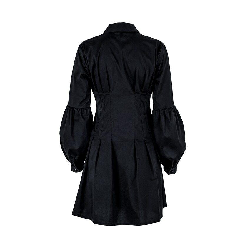 OOTN Lantern Sleeve Black Tunic Shirt Dress Women Long Sleeve Pleated A Line Dress Elegant Fashion Female Mini Party Dresses