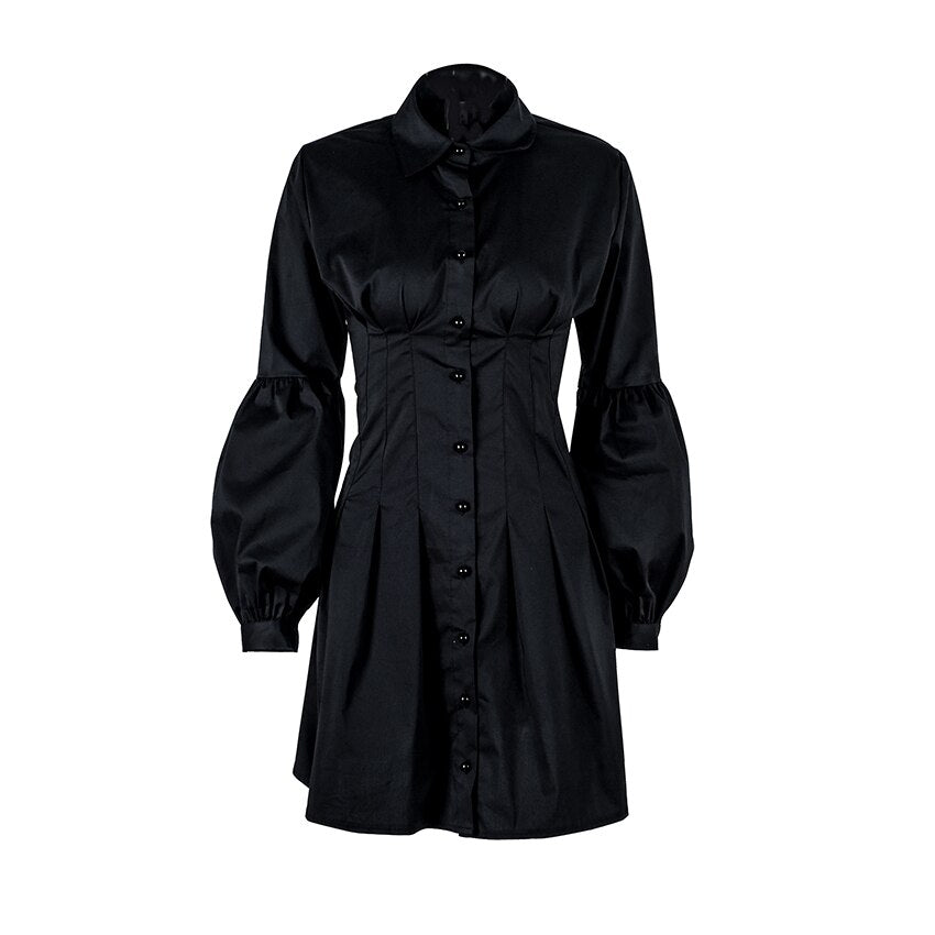 OOTN Lantern Sleeve Black Tunic Shirt Dress Women Long Sleeve Pleated A Line Dress Elegant Fashion Female Mini Party Dresses