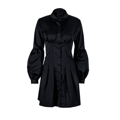 OOTN Lantern Sleeve Black Tunic Shirt Dress Women Long Sleeve Pleated A Line Dress Elegant Fashion Female Mini Party Dresses