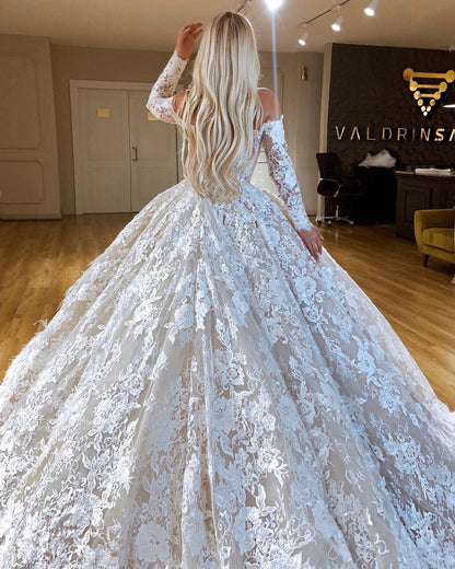 Off Shoulder Full Lace Ball Gown Wedding Dress Luxury Long Sleeves Dubai Wedding Gowns with Feathers Robe De Mariee