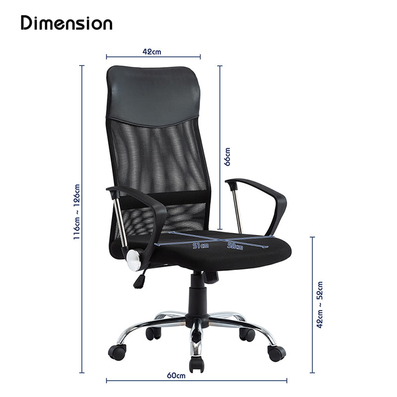 Office chair with high back and mesh cloth chair with adjustable height, ergonomic, can be rotated and supported by waist. Comfo
