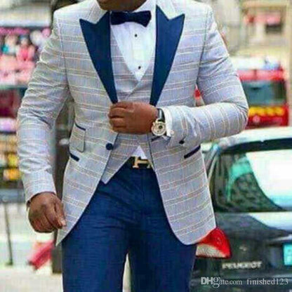 One Button Light Blue Plaid Wedding Groom Tuxedos Peak Lapel Groomsmen Mens Dinner Prom Suits (Jacket, Pants, Vest, Tie) NO:1476