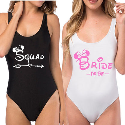 One Piece Swimsuit BRIDE&SQUAD Cute Print Sexy Thong Swimwear Women High Cut Bathing Suit Backless Black Beach Monokini Bodysui
