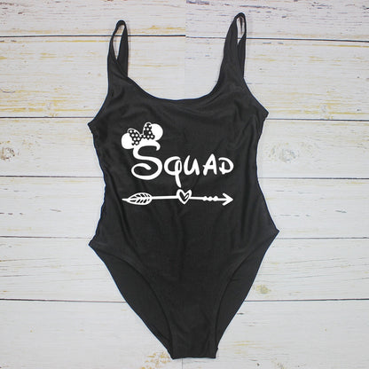 One Piece Swimsuit BRIDE&SQUAD Cute Print Sexy Thong Swimwear Women High Cut Bathing Suit Backless Black Beach Monokini Bodysui