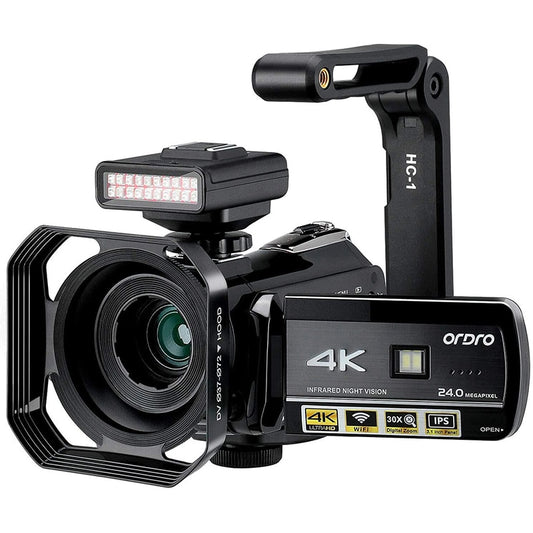 Ordro AC3 Vlog Video Camera Camcorder 4K WiFi Night Vision with IR Light Lens Hood Holder, for YouTube Blogger Shooting