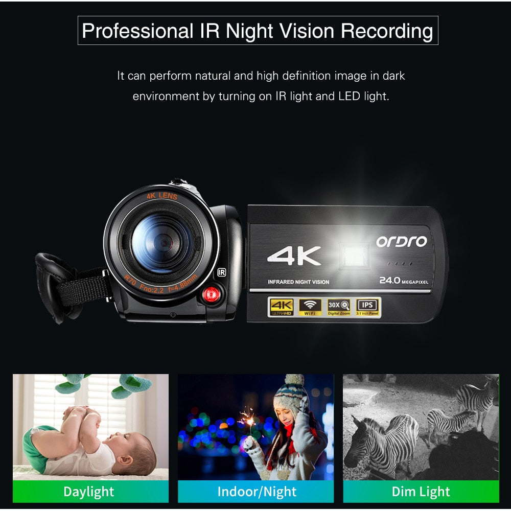 Ordro AC3 Vlog Video Camera Camcorder 4K WiFi Night Vision with IR Light Lens Hood Holder, for YouTube Blogger Shooting