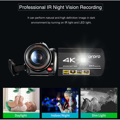 Ordro AC3 Vlog Video Camera Camcorder 4K WiFi Night Vision with IR Light Lens Hood Holder, for YouTube Blogger Shooting
