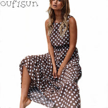 将图片加载到图库查看器，Oufisun 2019 Summer Sleeveless Polka Dot Dress Bohemia Off Shoulder Women&#39;s Dresses Fashion Elegant Brown New Long Dress Vestido
