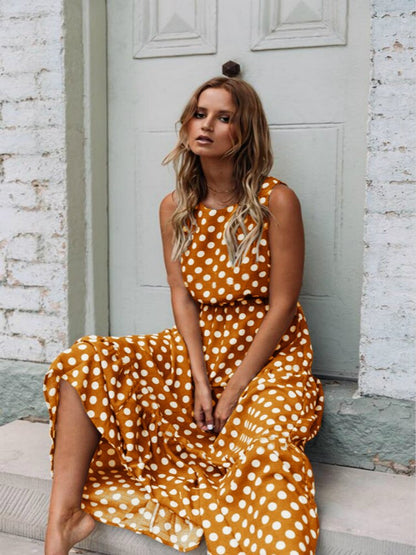 Oufisun 2019 Summer Sleeveless Polka Dot Dress Bohemia Off Shoulder Women's Dresses Fashion Elegant Brown New Long Dress Vestido